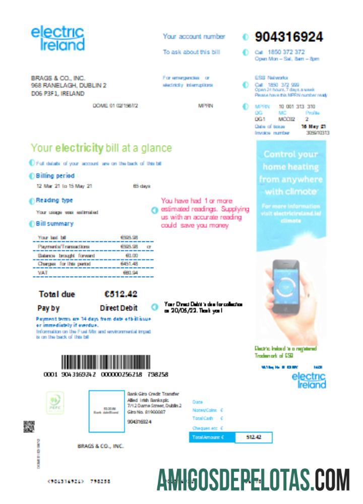 Projeto de lei de serviços públicos da Electric Ireland SCR modelo